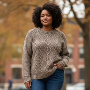 St Johns Bay Women's Cable Knit Sweater Small Brown Marled Crew Neck Long Sleeve